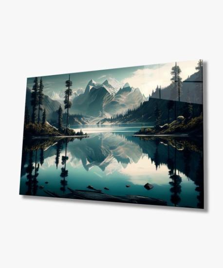 Yatay Dağ ve Göl Manzara Cam Tablo