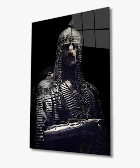 Dikey Sultan Alparslan Siyah Temalı Cam Tablo