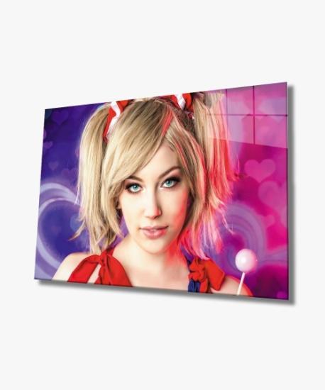 Yatay Pembe Arkaplanlı Kadın Cam Tablo