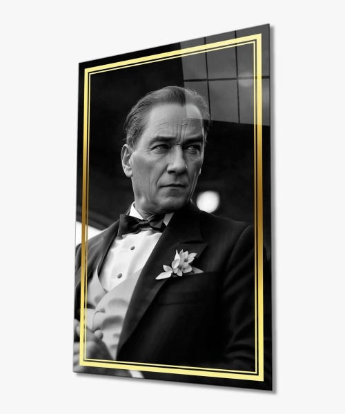 Sarı%20Çerçeve%20Atatürk%20Siyah%20Beyaz%20Cam%20Tablo